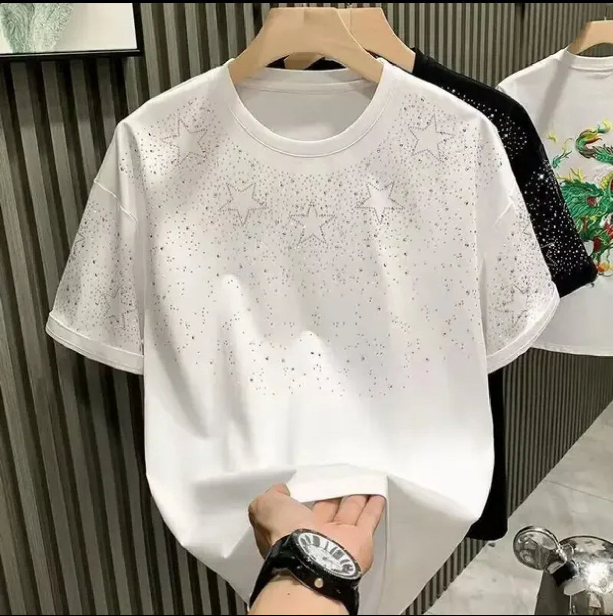 T-shirt été pour homme avec strass et rivets col rond manches courtes casual designer mode