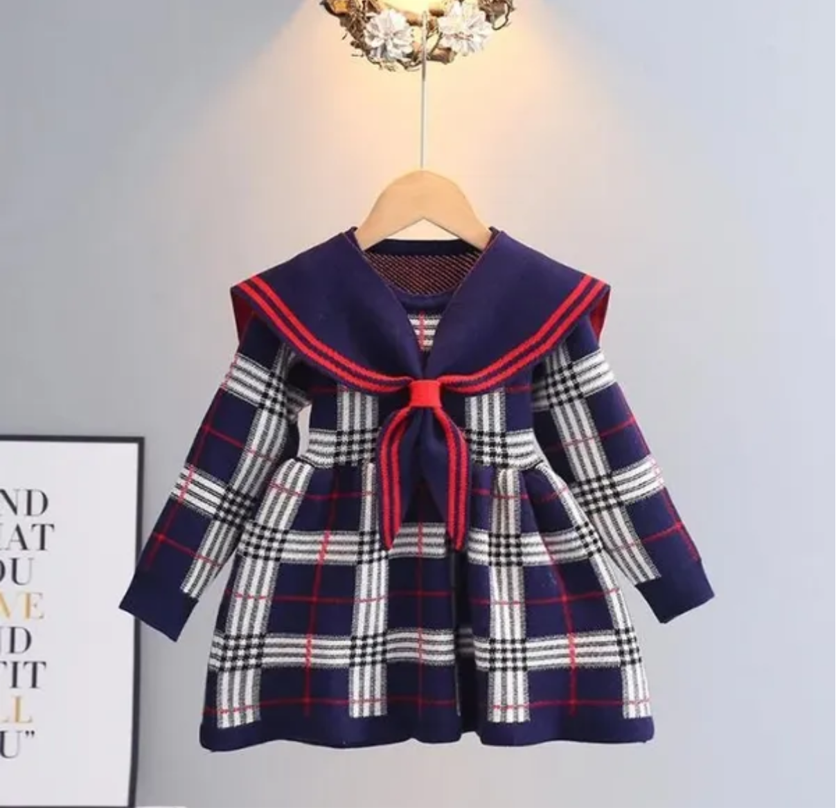 Robe fille tricotée à carreaux manches longues 2-7 ans