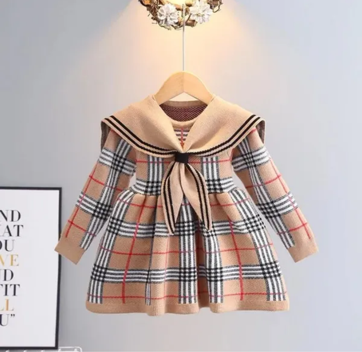 Robe fille tricotée à carreaux manches longues 2-7 ans