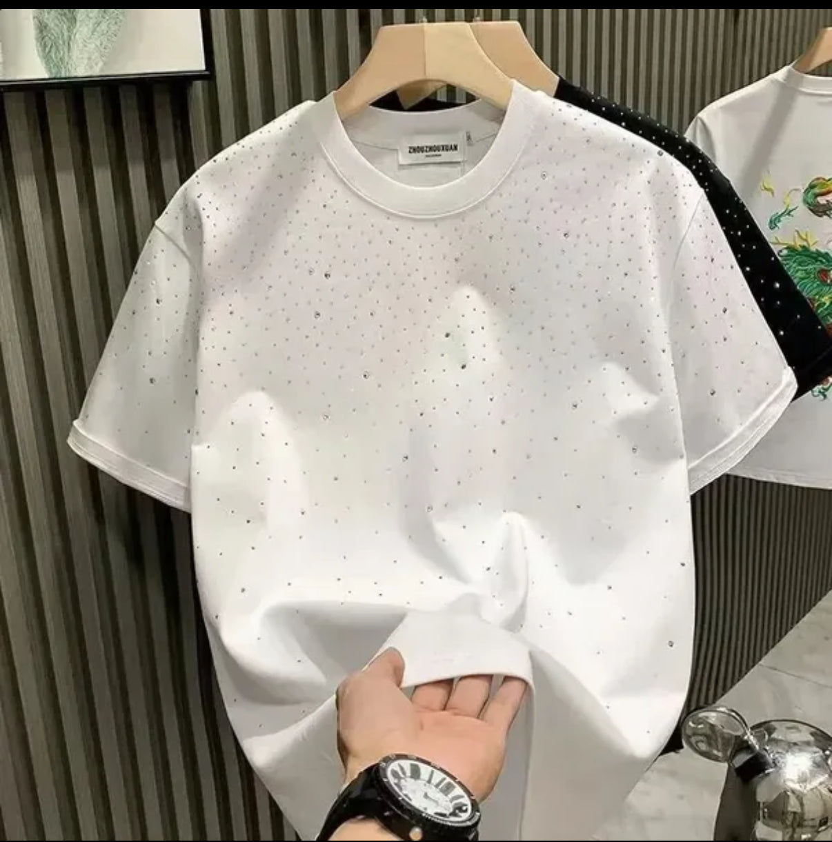 T-shirt pour homme avec strass et rivets col rond manches courtes casual designer mode
