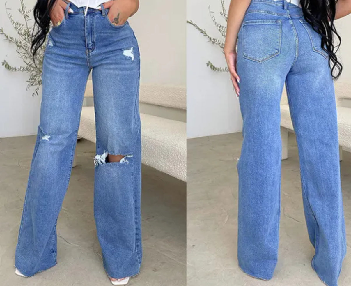 Denim Hot Sell Straight Quality Casual Woven Adoctener Femme's Wide's Jam Leg Femme Pantalon Femmes