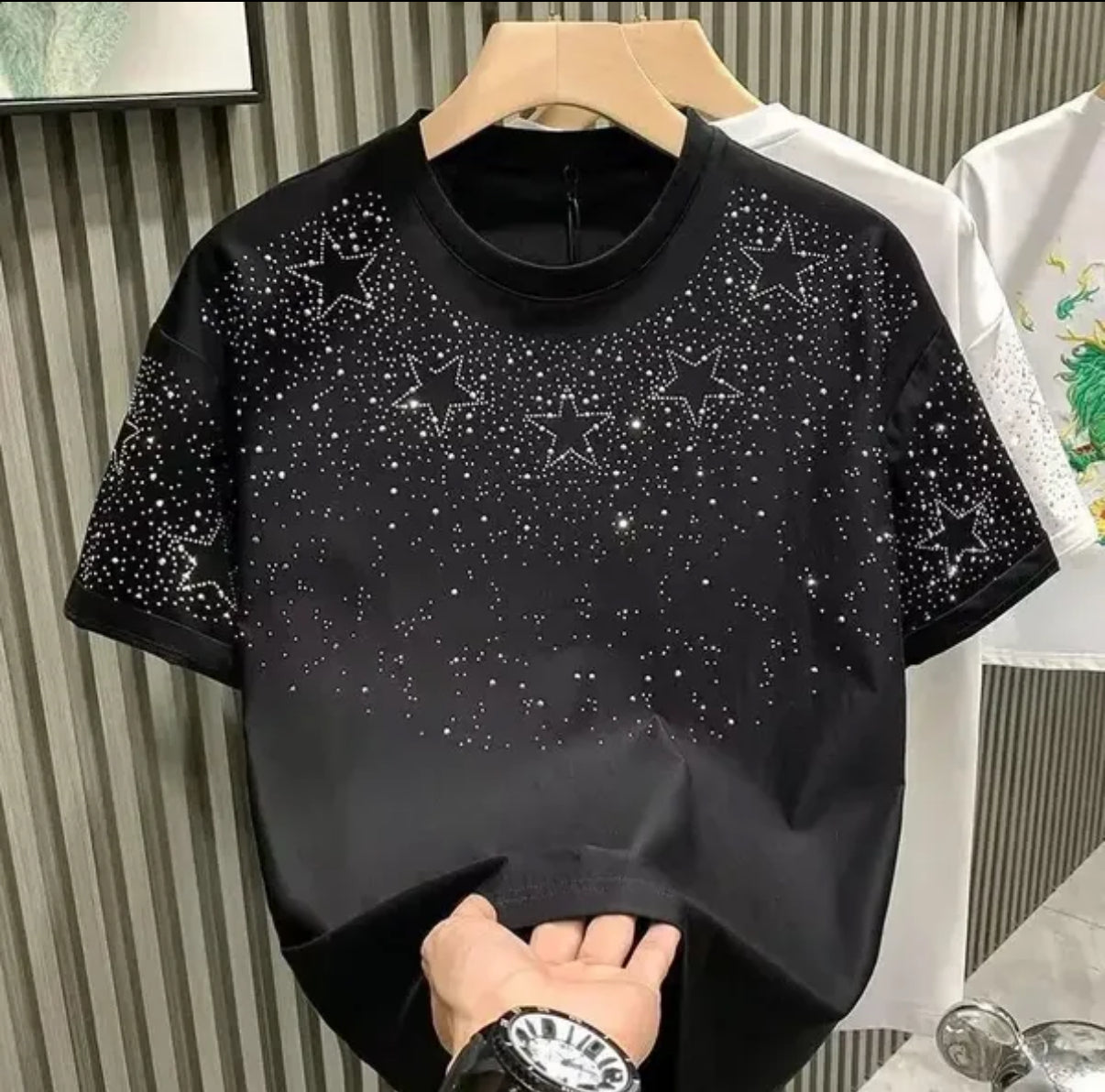 T-shirt été pour homme avec strass et rivets col rond manches courtes casual designer mode