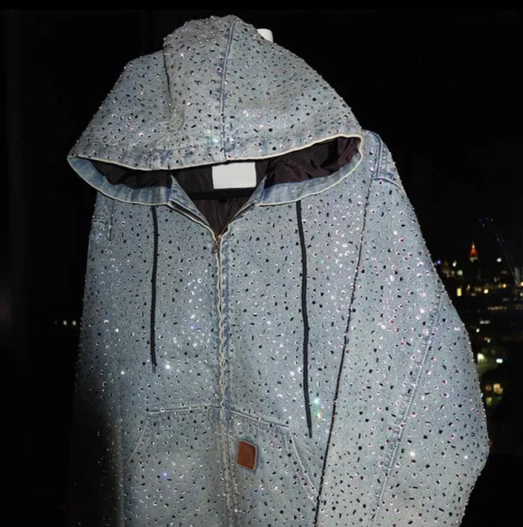 Veste à capuche zippée bleu délavé à strass