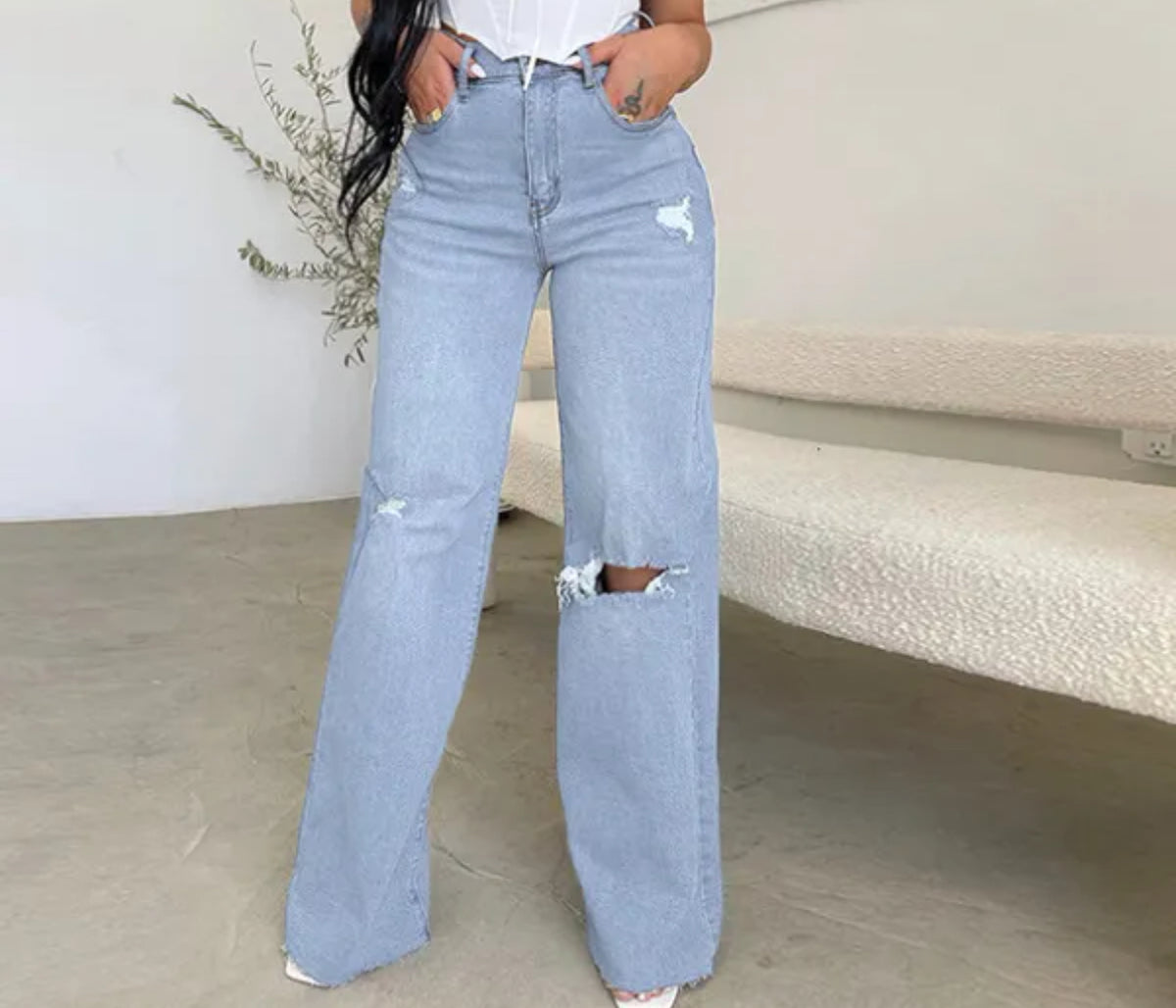 Denim Hot Sell Straight Quality Casual Woven Adoctener Femme's Wide's Jam Leg Femme Pantalon Femmes
