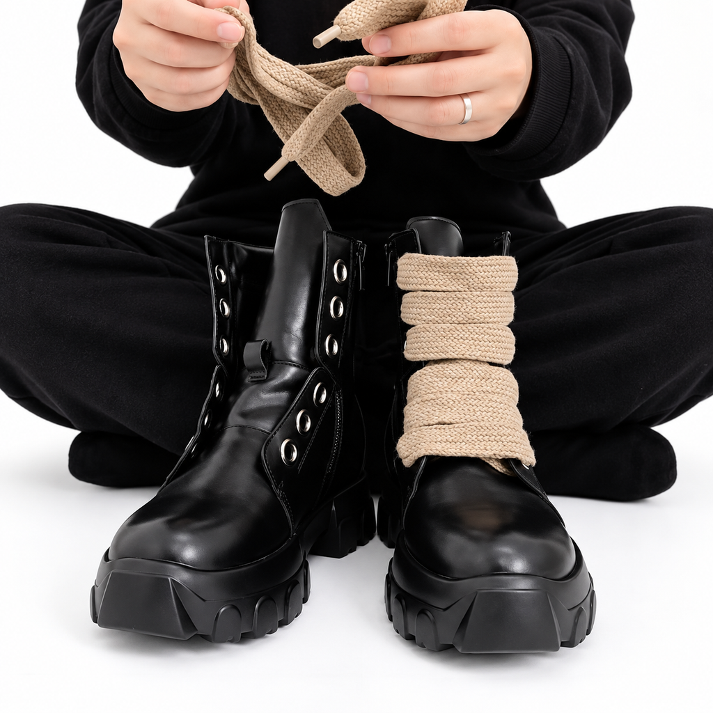 Bottines noires à plateforme et lacets larges beiges