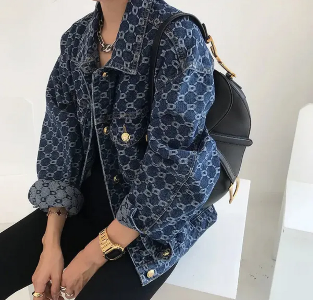 Veste en jean coton  vintage ample manches longues imprimée bleu décontractée