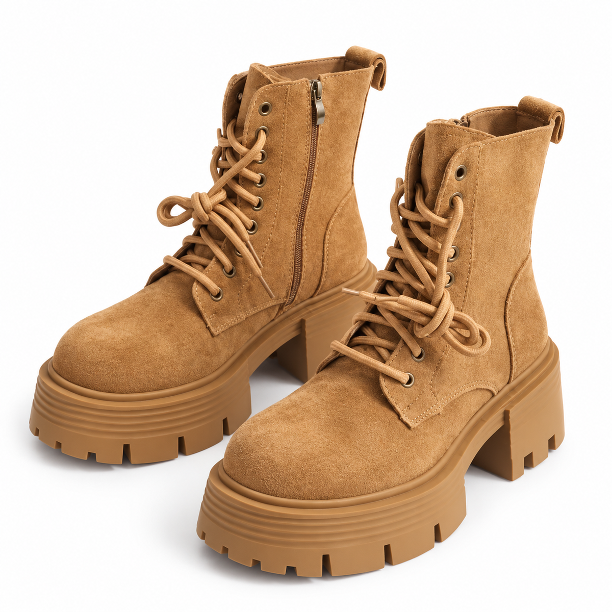 Bottines camel à plateforme et lacets – Effet suédé