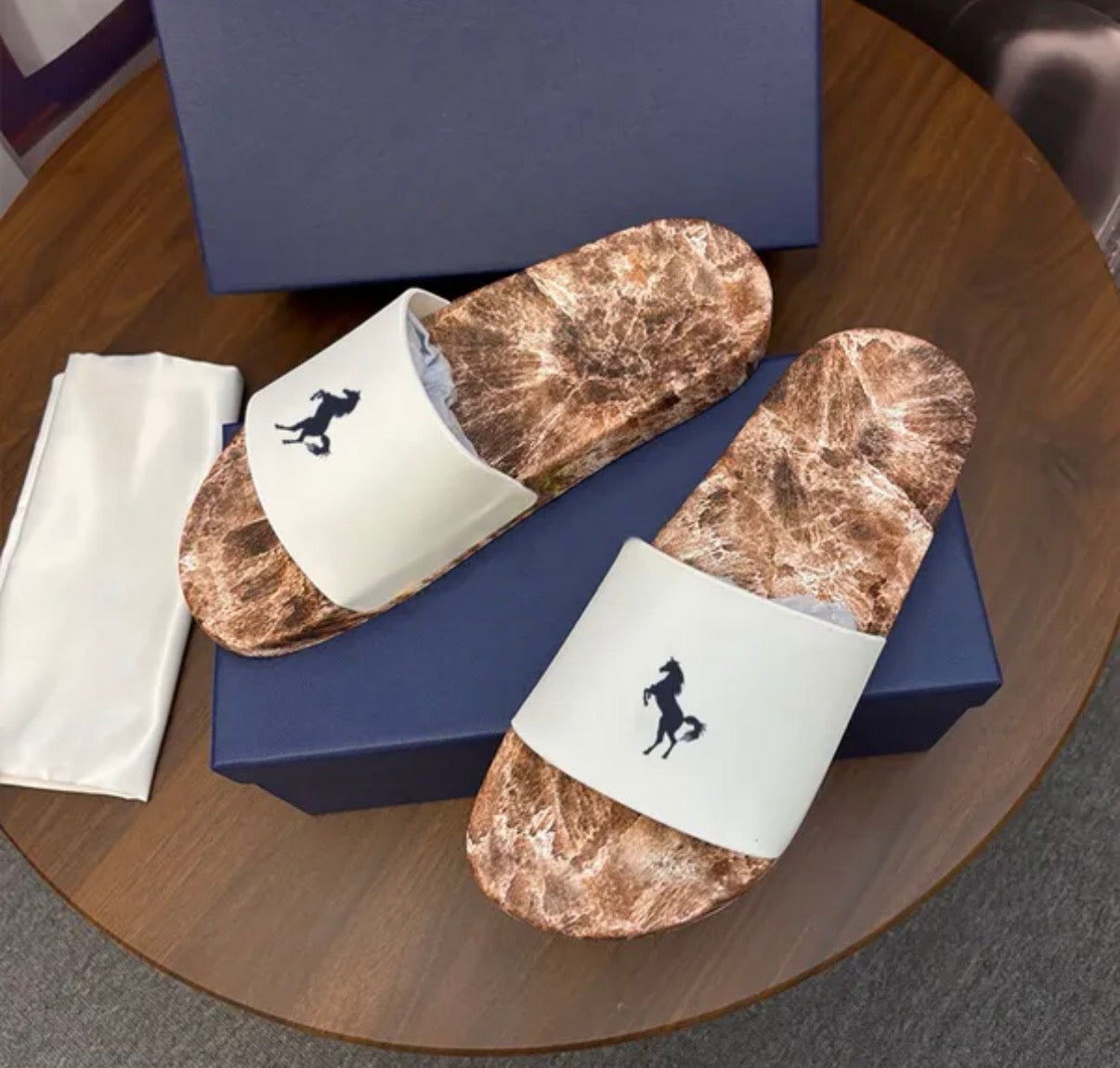 Polo Ralph Lauren Men’s Pony Logo Slide Sandals Navy Tie Dye White Sz 14 NEW