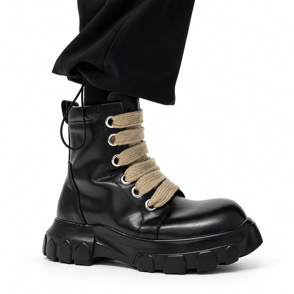 Bottines noires à plateforme et lacets larges beiges