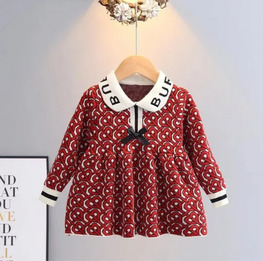 Robe  fille  tricotée à carreaux manches longues 2-7 ans