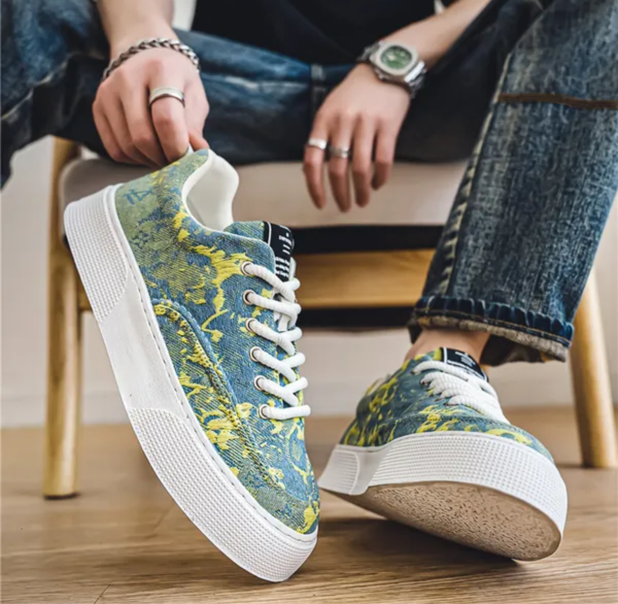 Chaussures de mode homme grande taille en toile à semelle épaisse imprimée tendance