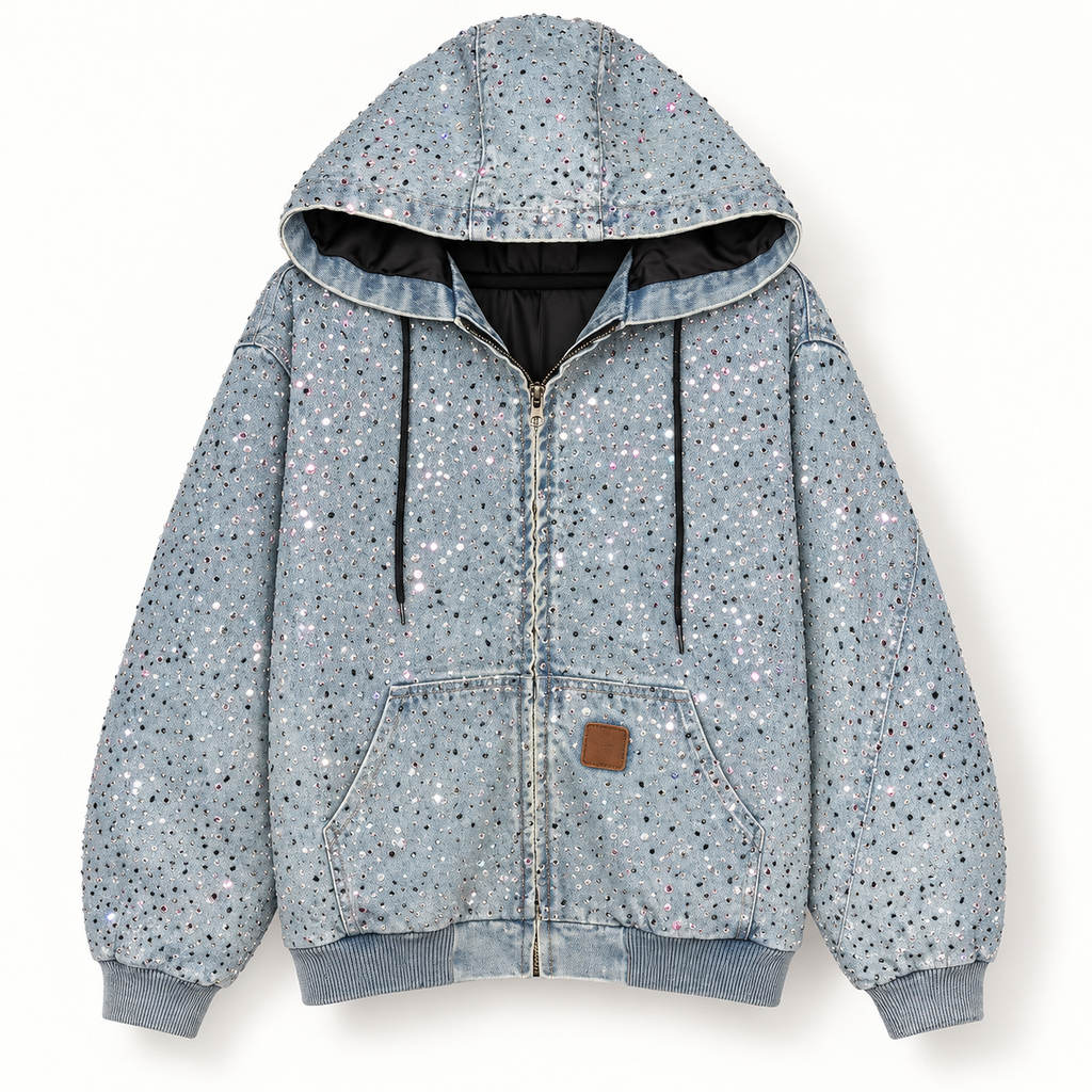 Veste à capuche zippée bleu délavé à strass