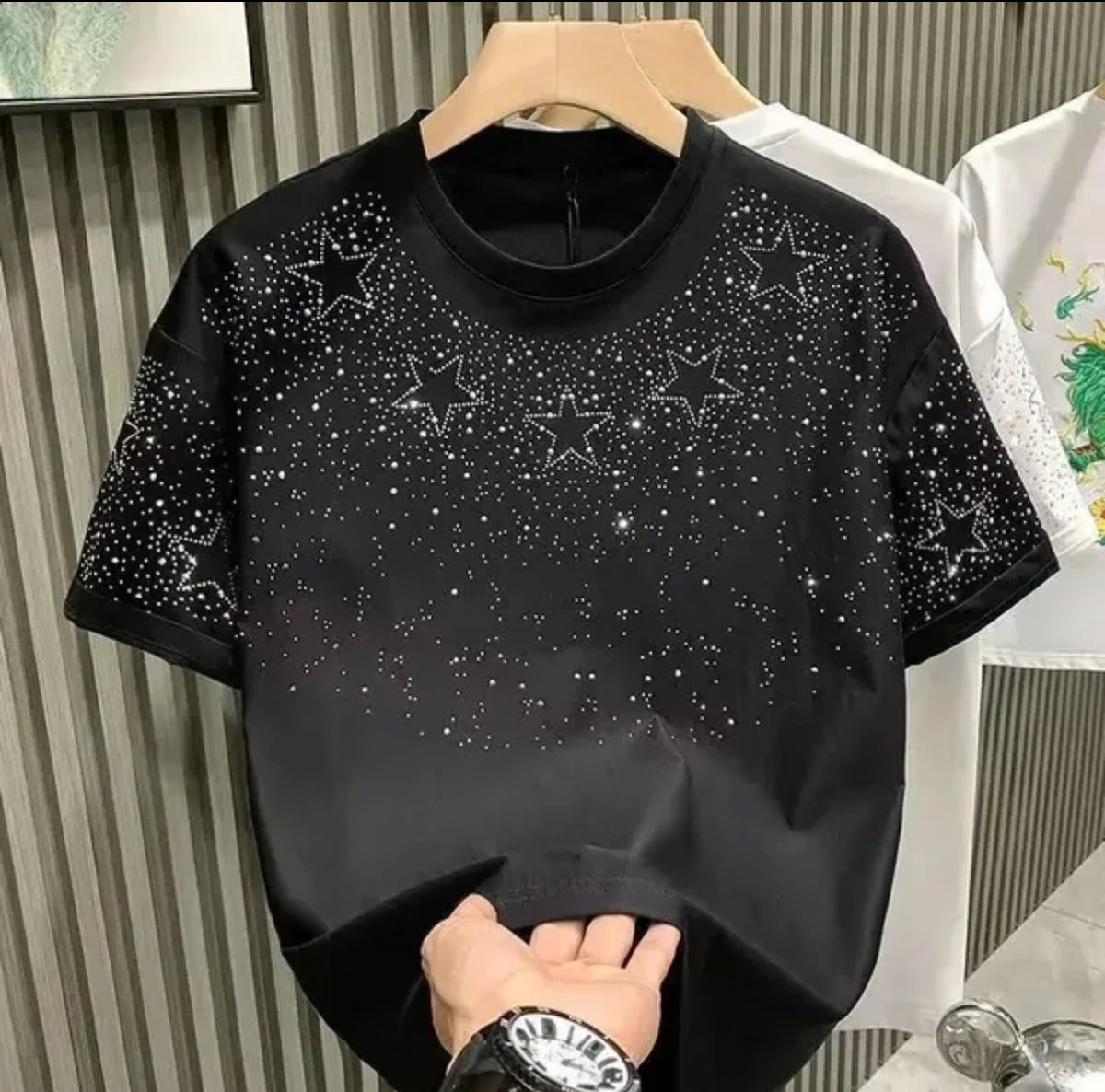 T-shirt été pour homme avec strass et rivets col rond manches courtes casual designer mode