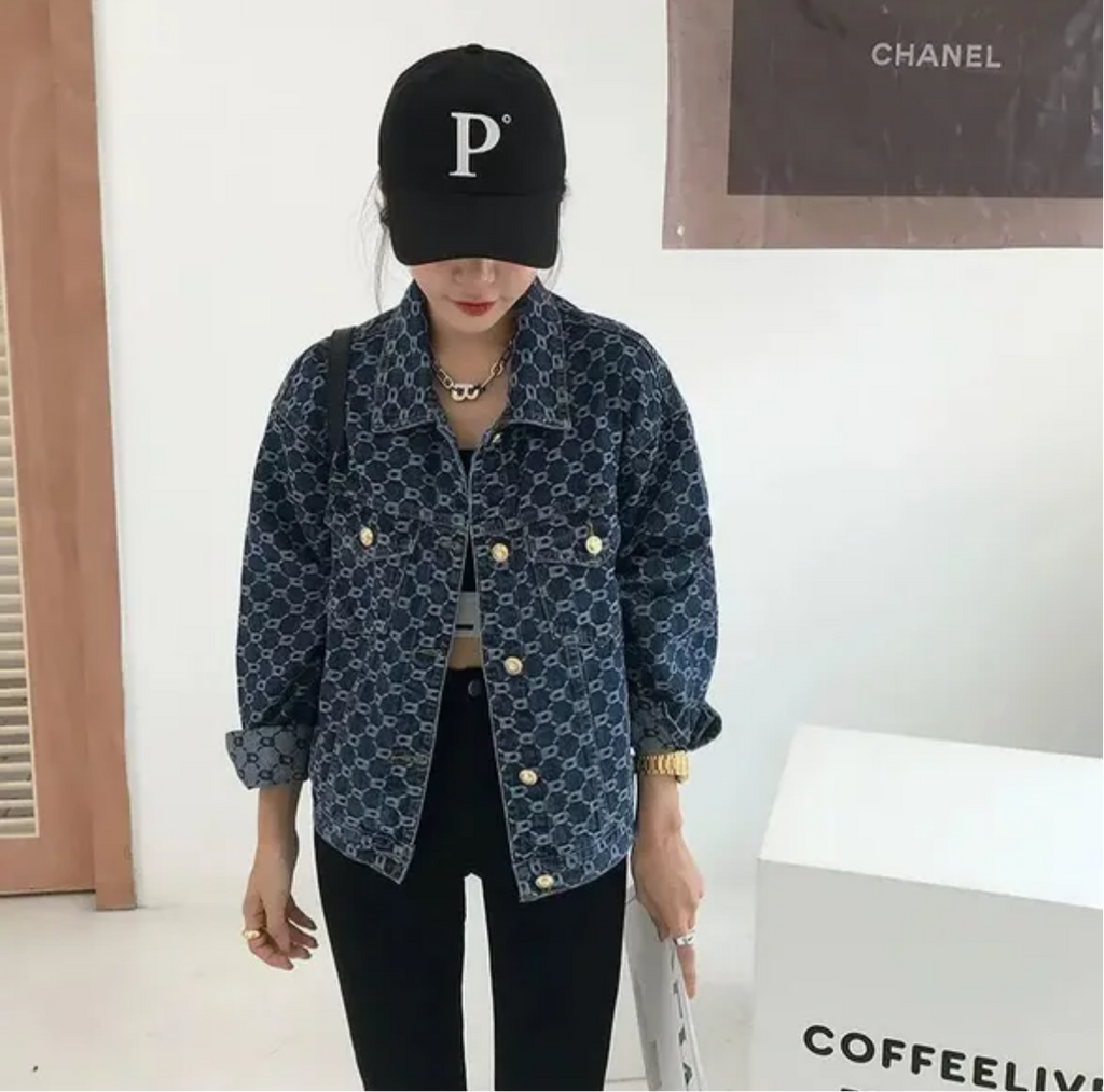 Veste en jean coton  vintage ample manches longues imprimée bleu décontractée