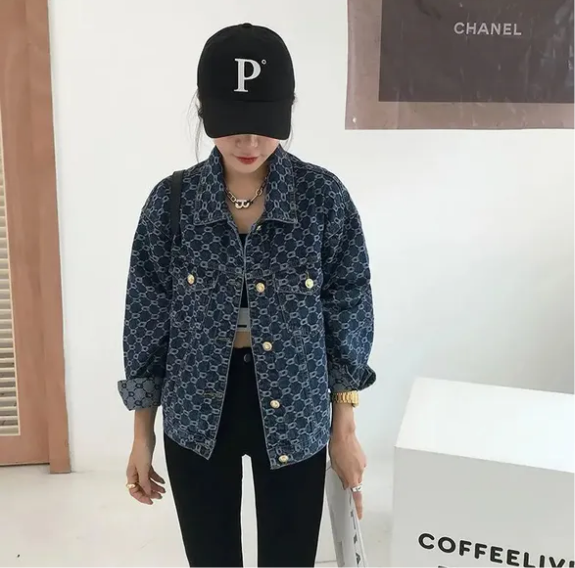 Veste en jean coton  vintage ample manches longues imprimée bleu décontractée