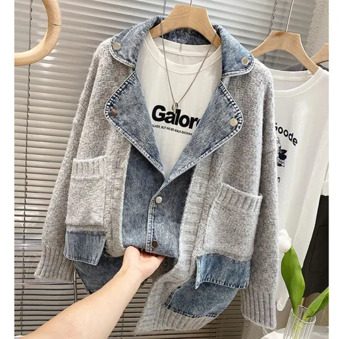 Veste d'hiver du cardigan femmes  vêtements tricot en deux couches coréens de jean patchworks