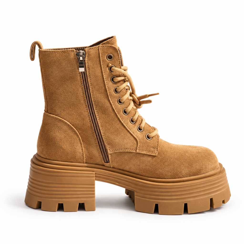Bottines camel à plateforme et lacets – Effet suédé