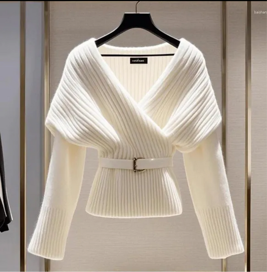 Pulls Femme Mode Pull Blanc Tricoté Col V Manches Longues Vintage Haut Doux Luxe Automne