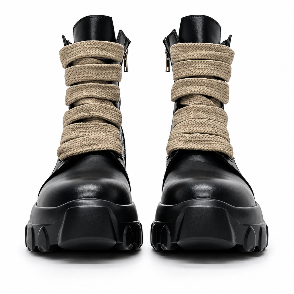 Bottines noires à plateforme et lacets larges beiges
