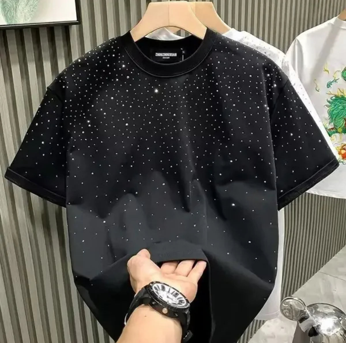 T-shirt pour homme avec strass et rivets col rond manches courtes casual designer mode