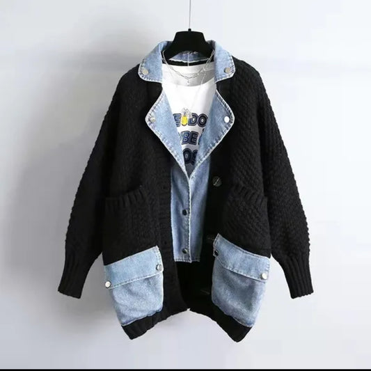 Veste d'hiver du cardigan femmes  vêtements tricot en deux couches coréens de jean patchworks