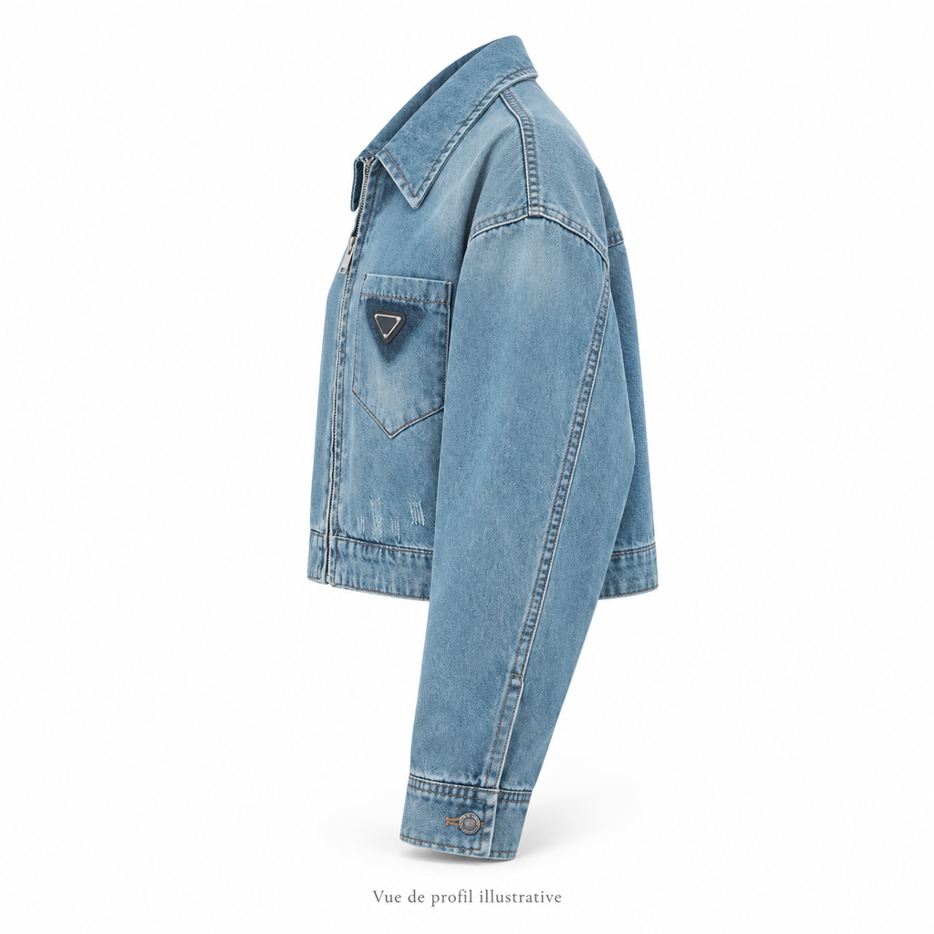 Veste courte en jean bleu délavé – Coupe ample et fermeture zippée